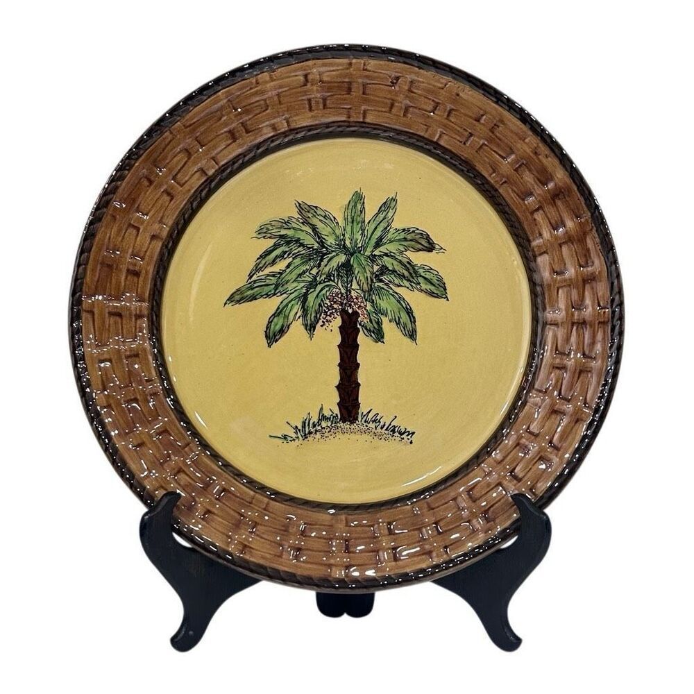 Pacific Rim Decorative Plate Round 10 3/4" Hand Painted Palm Tree Basket Weave